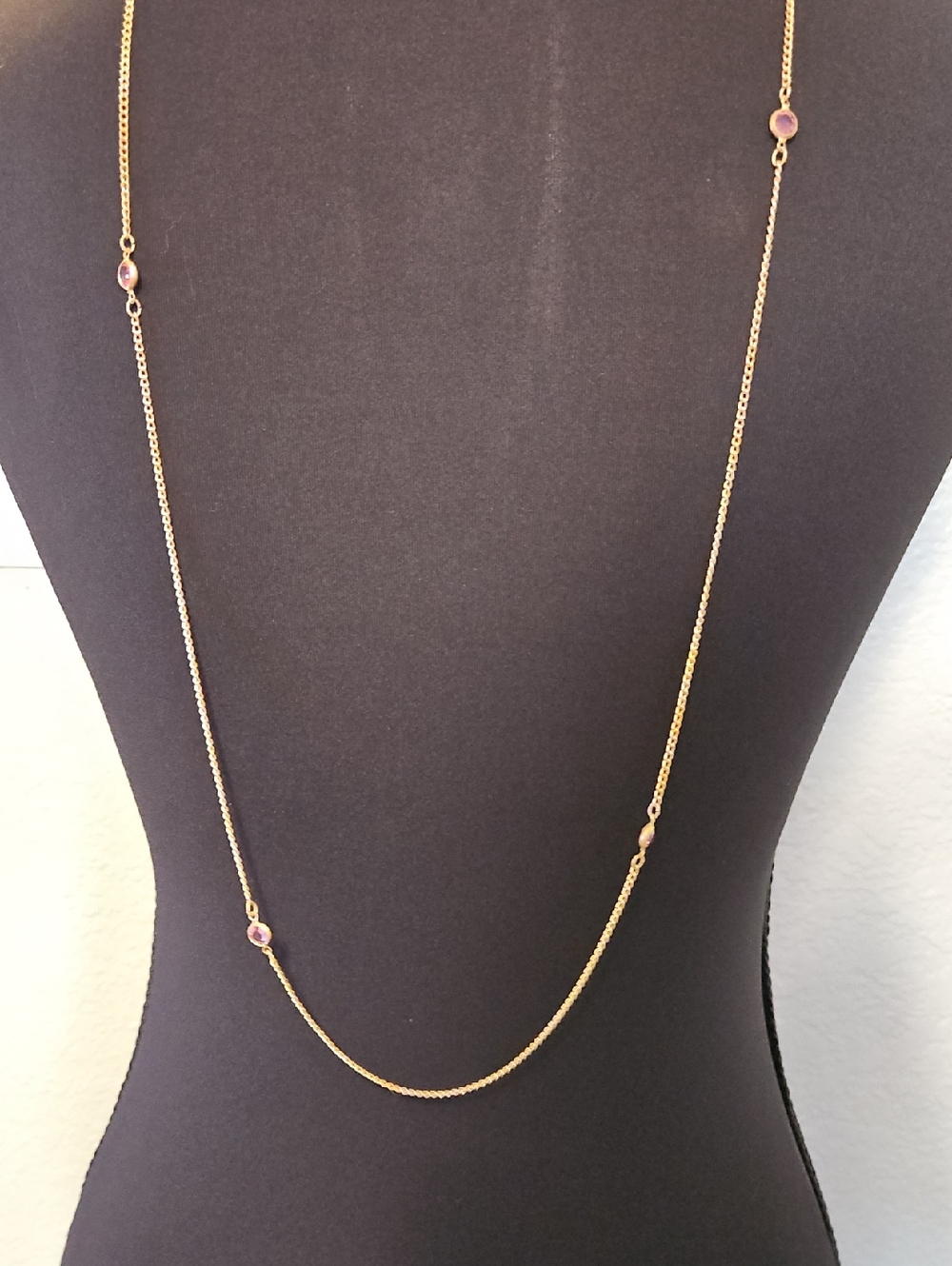 Gold Long Station Necklace with Pink Gem Accents